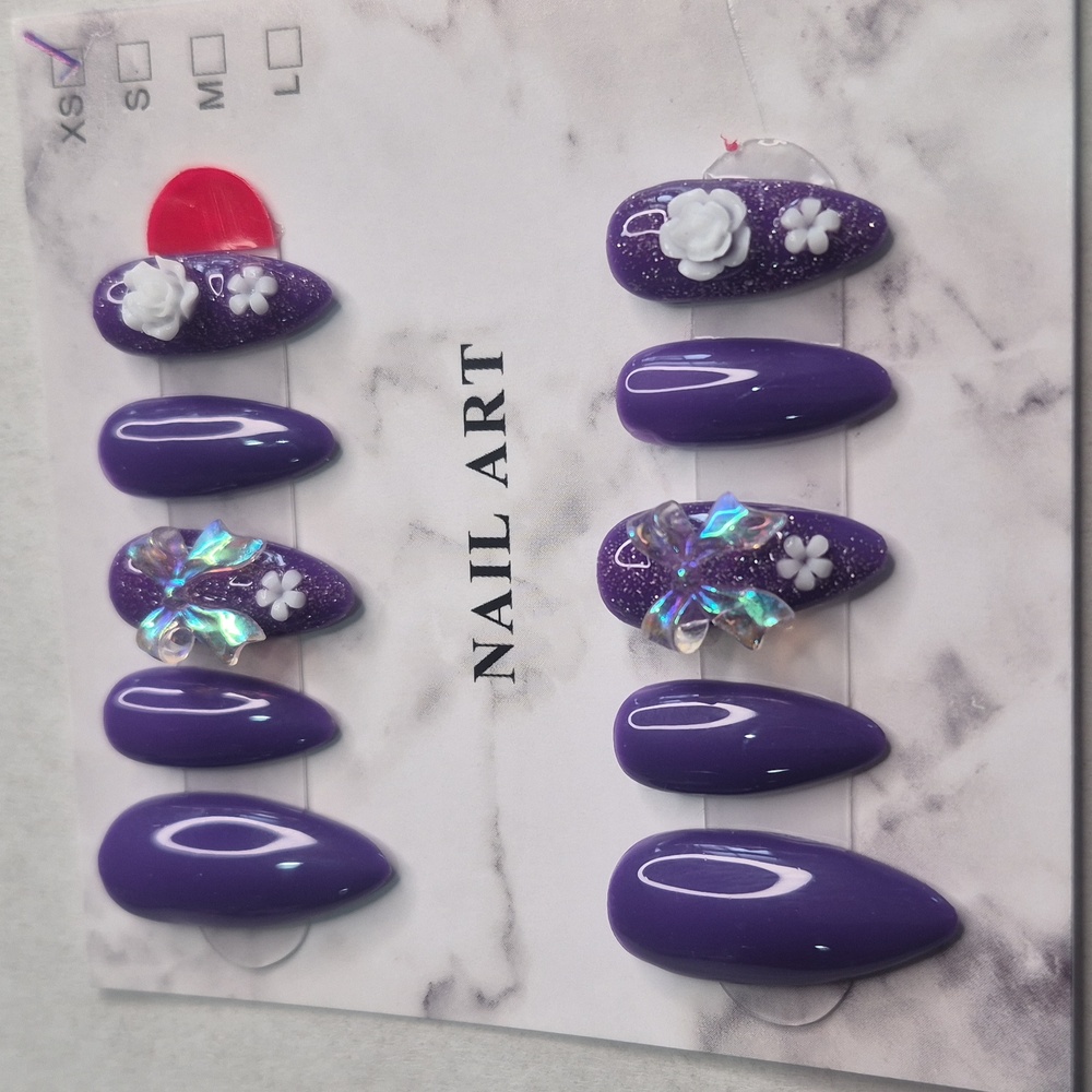 💋Press On Nails - Purple with Floral and Ribbon Accents
